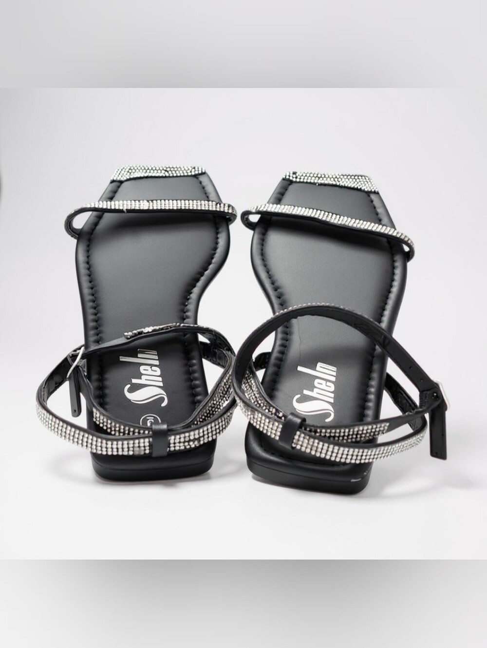 SHEIN Women's Size 9 Crystal Rhinestone Toe/Ankle Strap Flat Sandals Square-Toe.